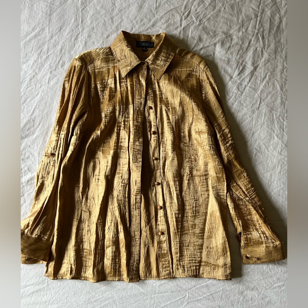 Vintage crinkle satin gold button down shirt top